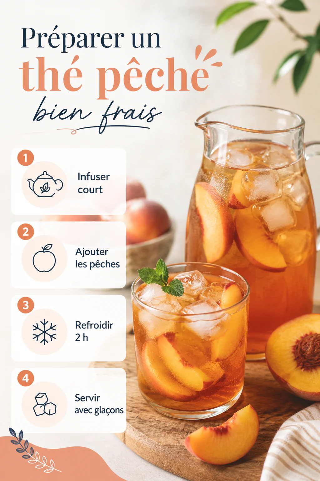 Infographie avec les étapes pour préparer un thé pêche bien frais