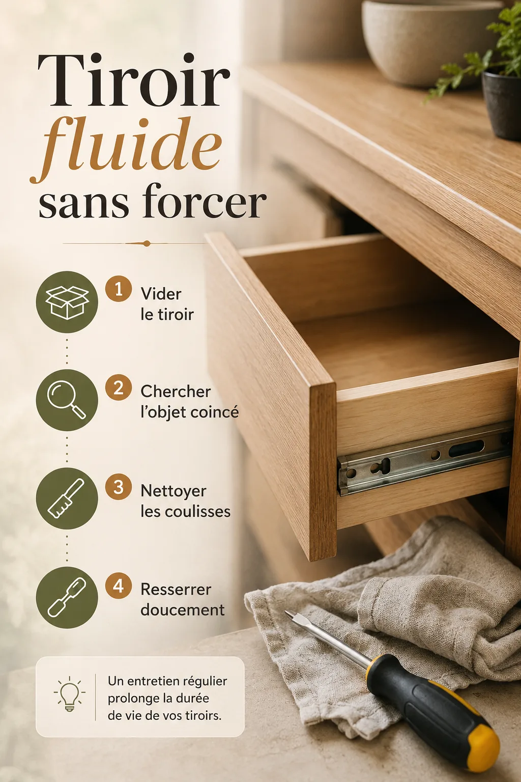 Infographie avec étapes courtes pour débloquer un tiroir sans forcer