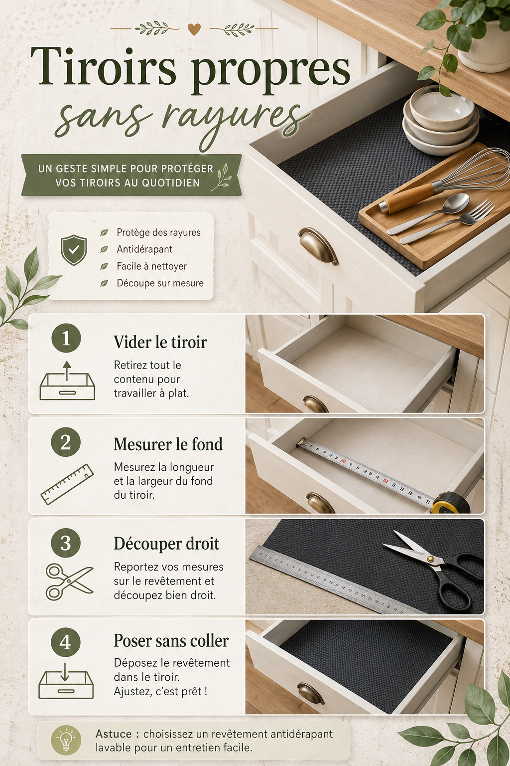 Étapes pour garder des tiroirs de cuisine propres et sans rayures