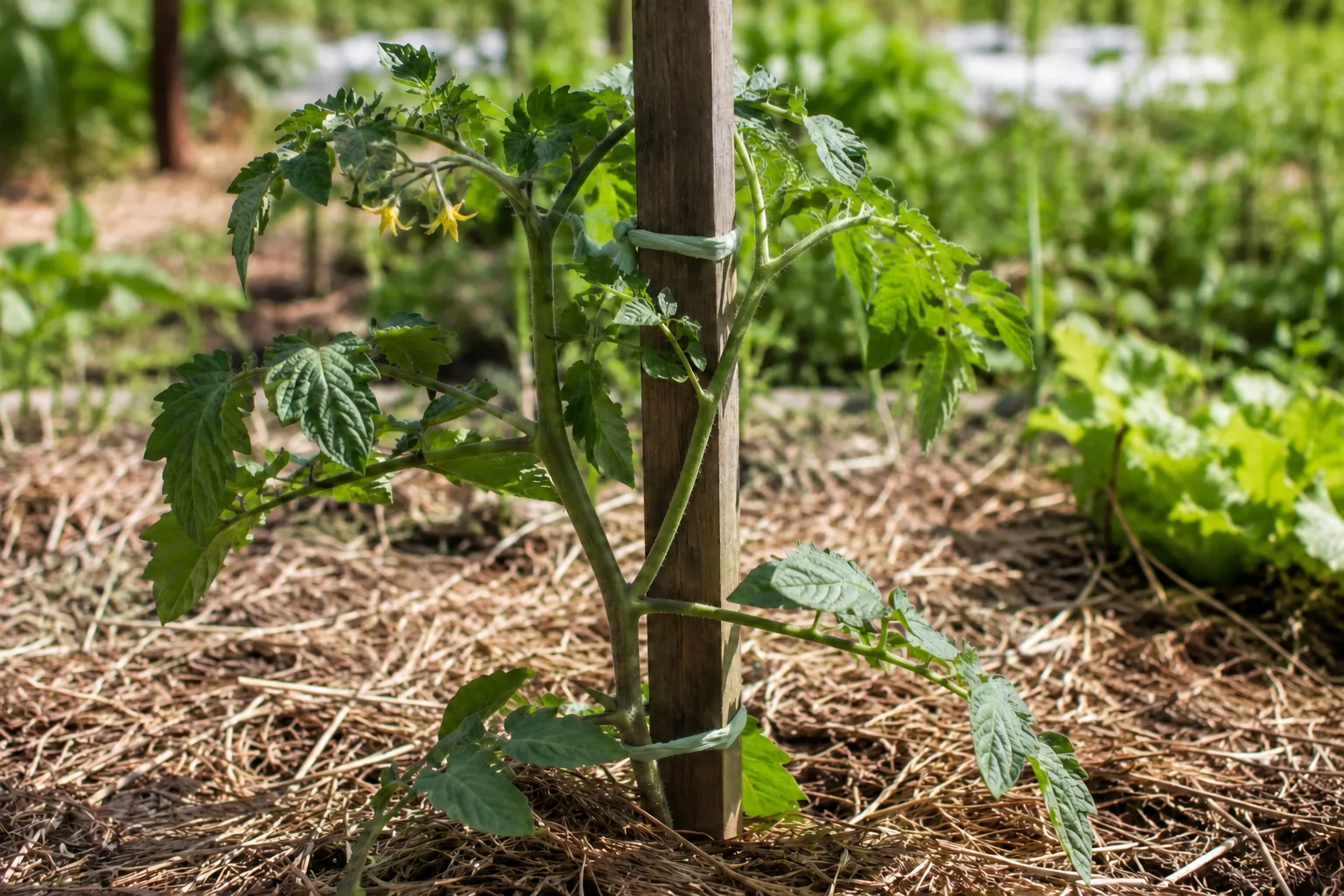 Plant de tomate soutenu par un tuteur avec un lien souple