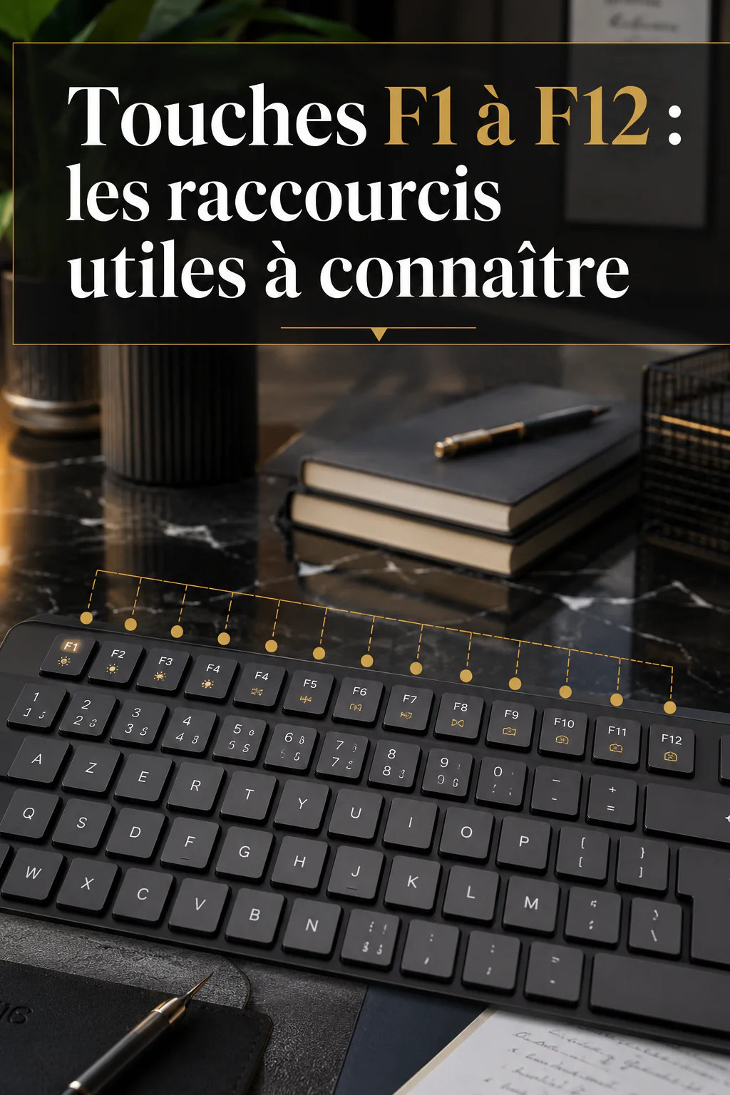 Visuel Pinterest indiquant Touches F1 à F12 les raccourcis utiles à connaître avec un clavier d'ordinateur