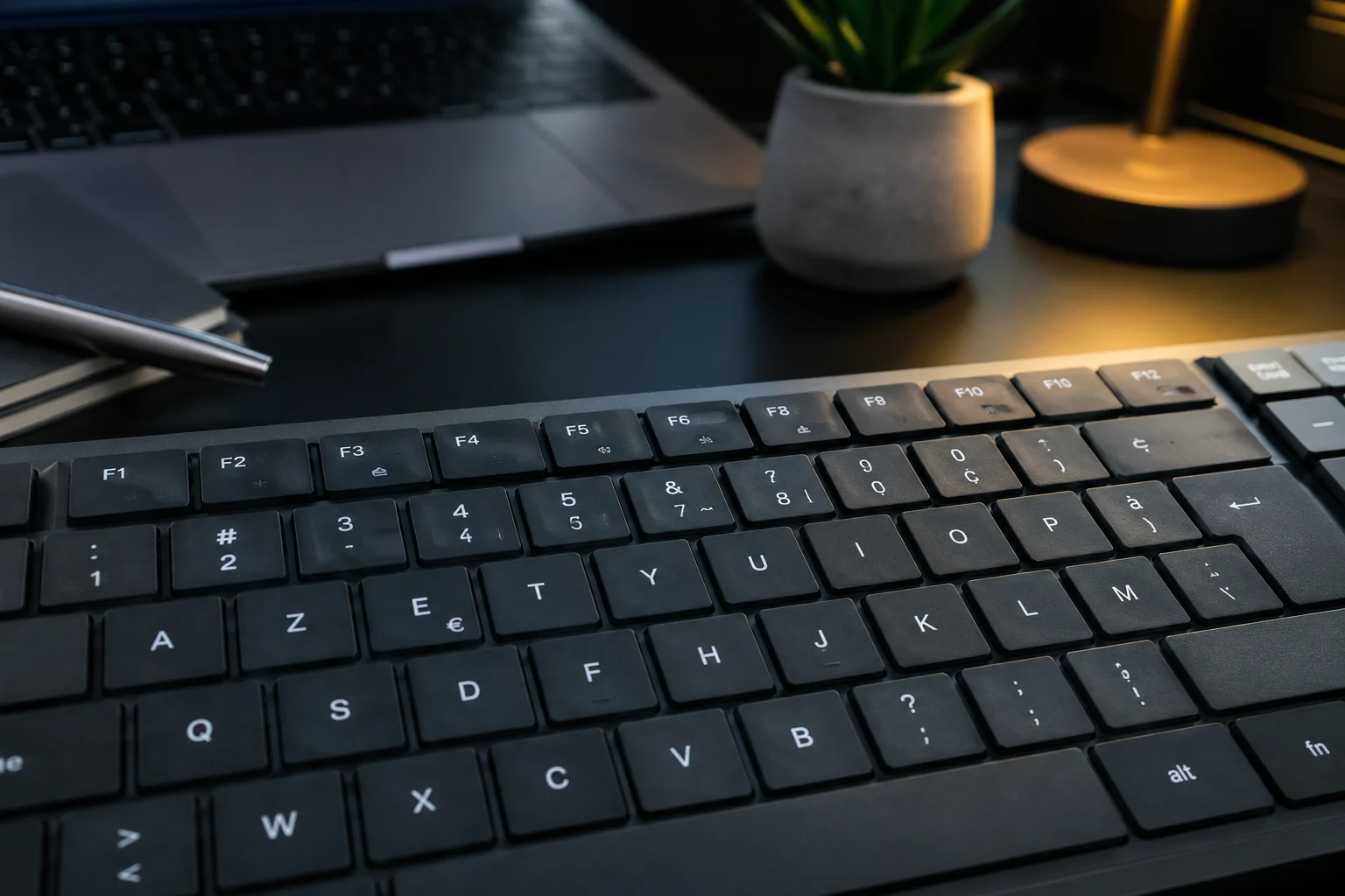 Clavier d'ordinateur avec la rangée des touches F1 à F12 visible sur un bureau élégant