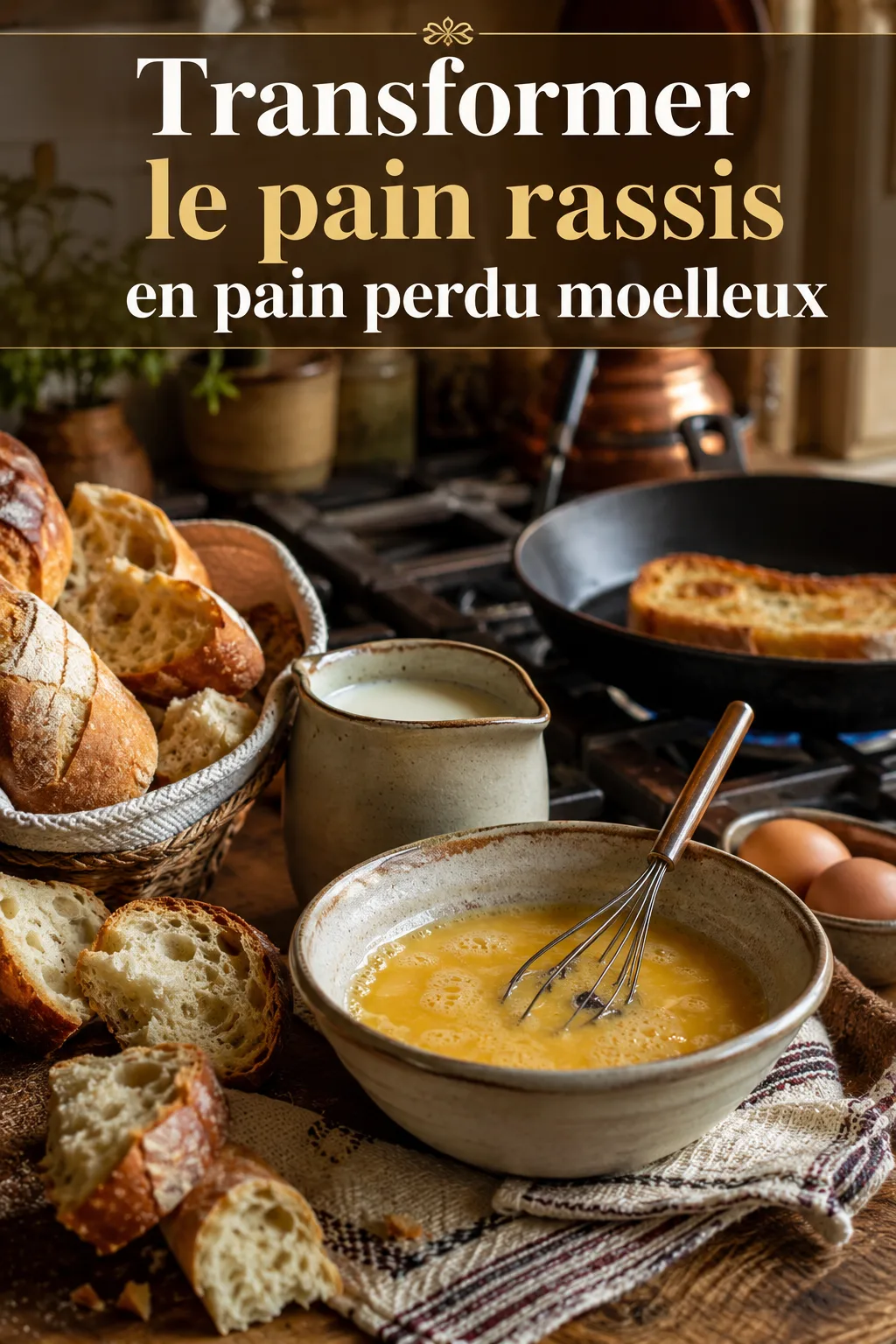 Image titre Pinterest pour transformer le pain rassis en pain perdu moelleux