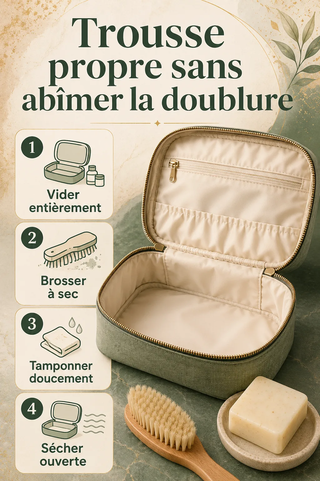Infographie étapes pour nettoyer une trousse de toilette sans abîmer la doublure
