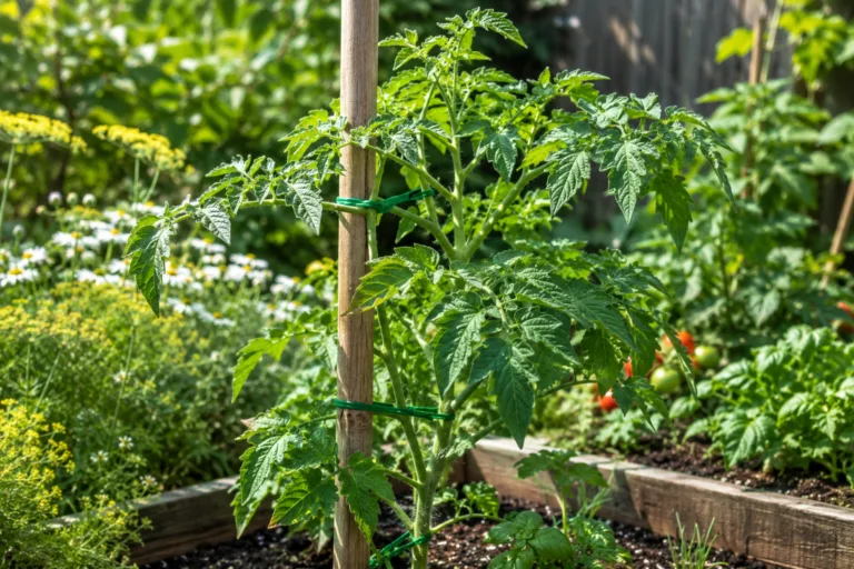 Plant de tomate attache a un tuteur avec lien souple