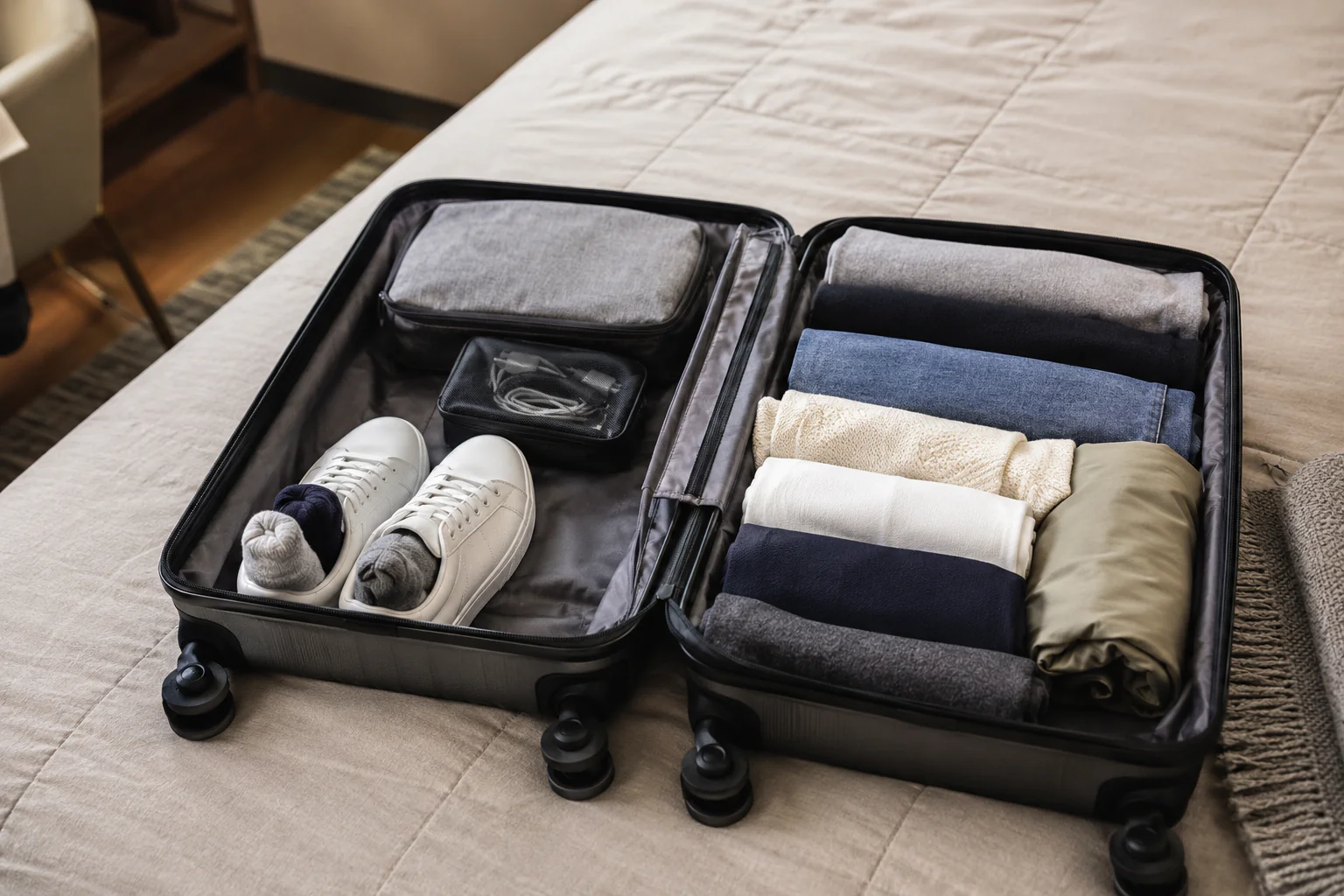 Valise organisee avec vetements roules et accessoires ranges