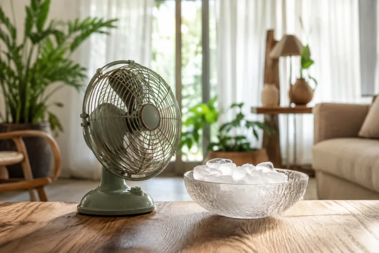 Ventilateur posé près d'un bol de glaçons dans un salon lumineux