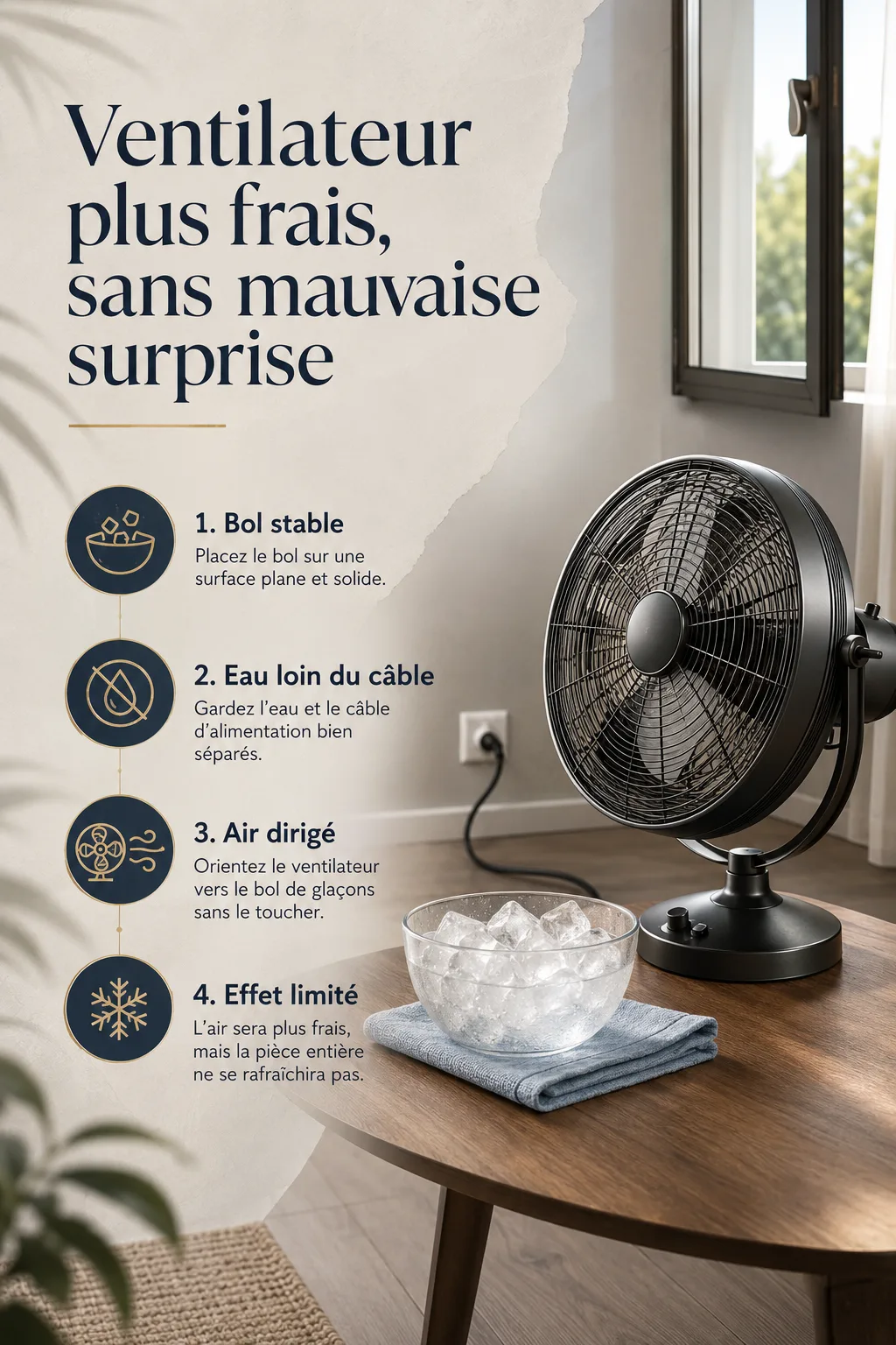 Infographie de précautions pour utiliser des glaçons devant un ventilateur