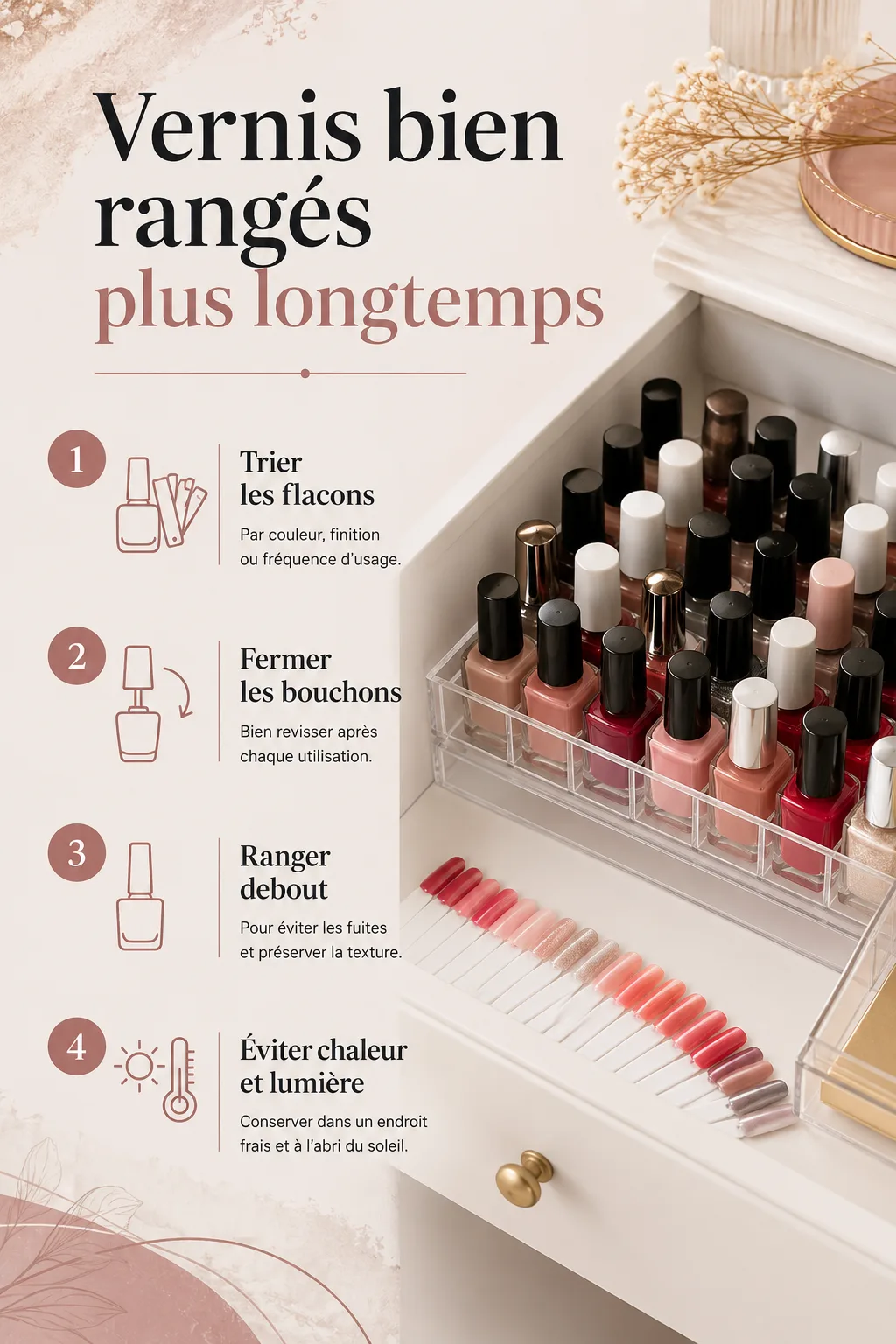 Infographie avec les étapes pour ranger ses vernis à ongles et les garder plus longtemps