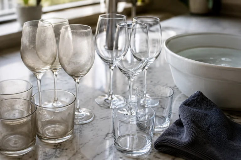Verres de table ternis et verres plus transparents avec chiffon doux