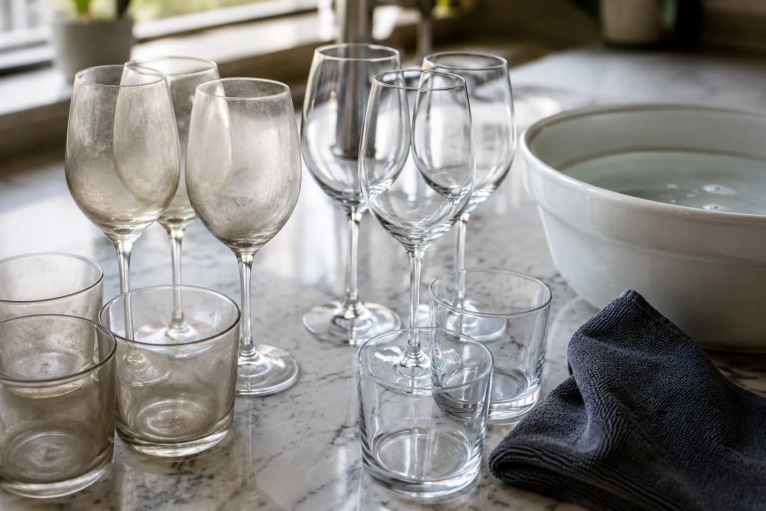 Verres de table ternis et verres plus transparents avec chiffon doux