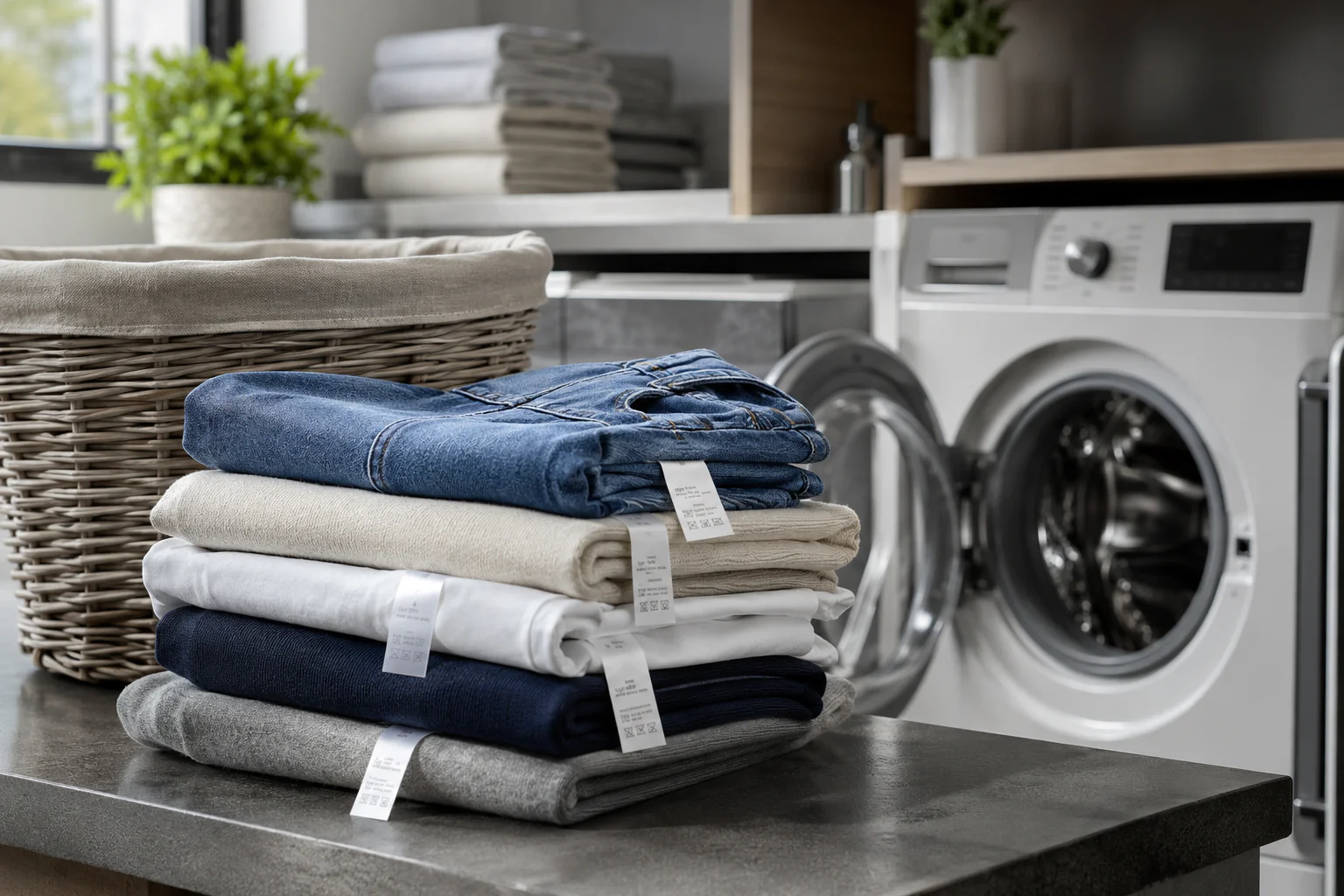 Pile de vêtements neufs près d'une machine à laver pour illustrer le premier lavage avant de porter