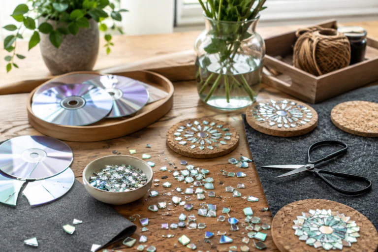 Vieux CD sur une table de bricolage pour des idées déco utiles