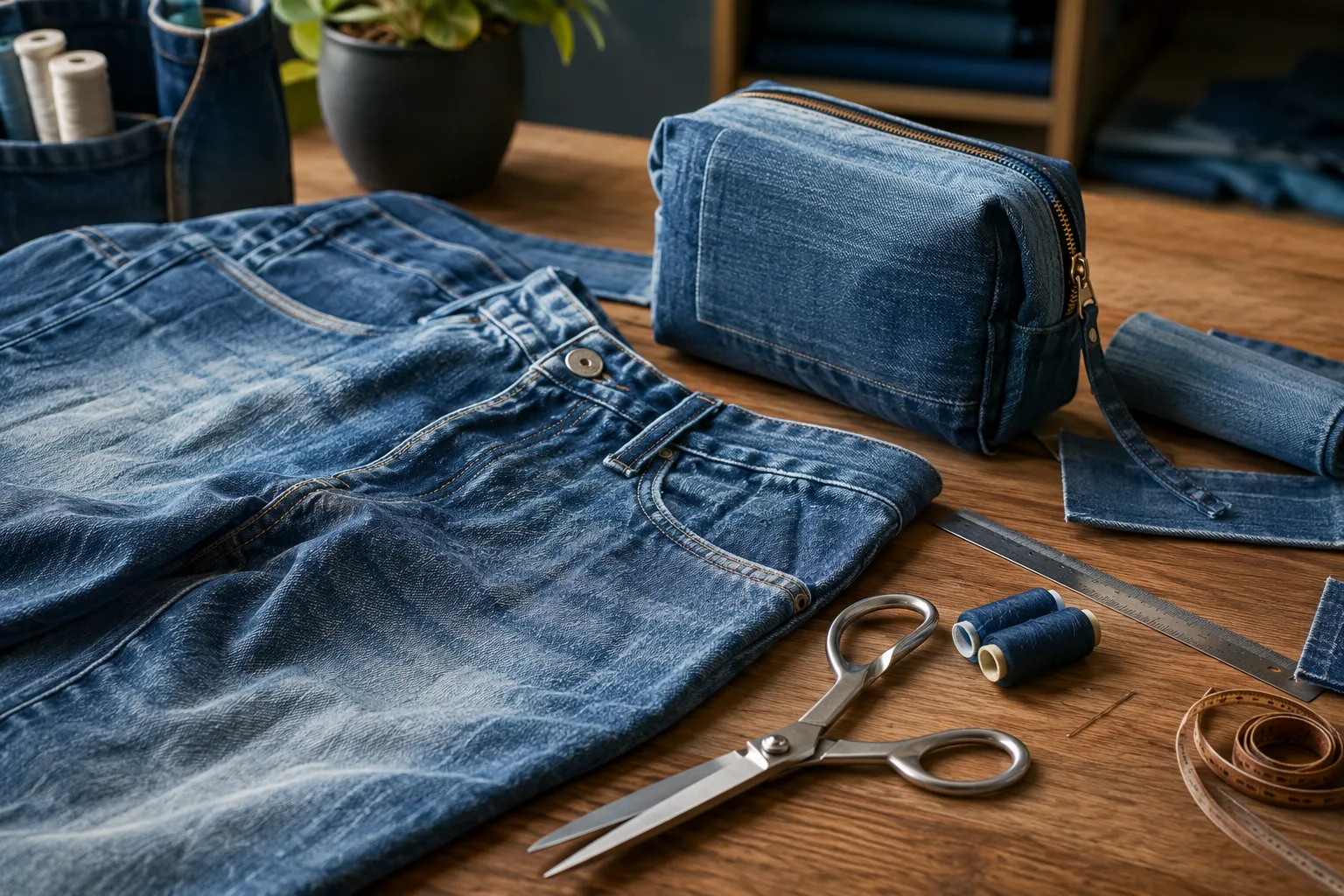 Vieux jean et matériel de couture pour créer un sac de rangement