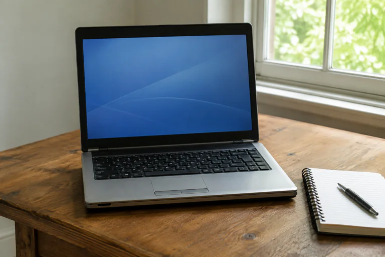 Ancien ordinateur portable propre sur un bureau en bois avec écran neutre
