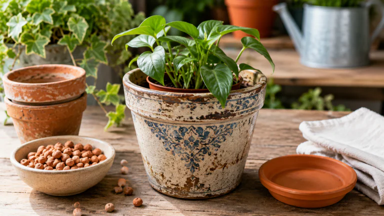 Vieux pot réutilisé en cache-pot décoratif avec une plante verte, billes d’argile et soucoupe sur une table de jardin.