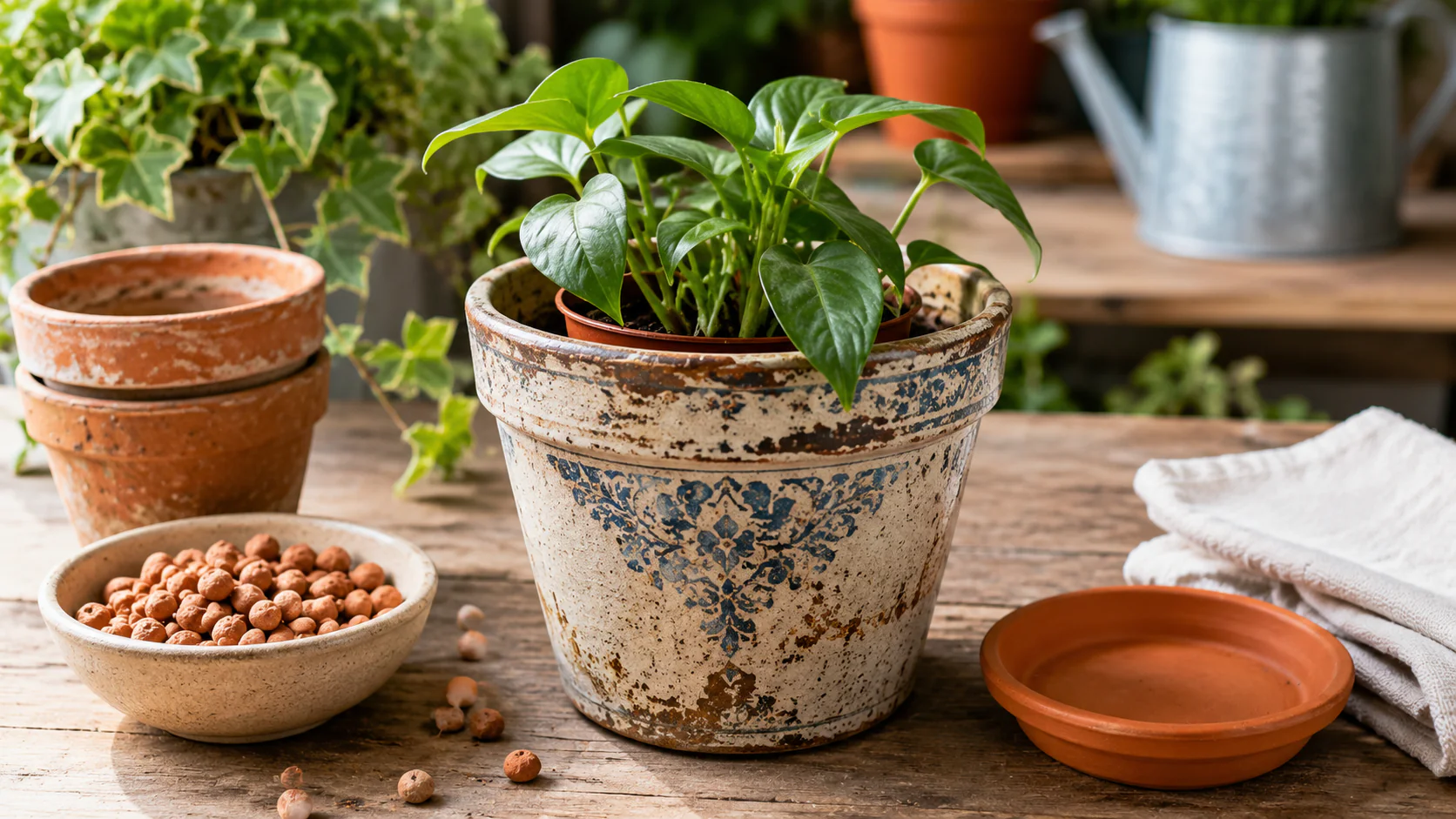 Vieux pot réutilisé en cache-pot décoratif avec une plante verte, billes d’argile et soucoupe sur une table de jardin.