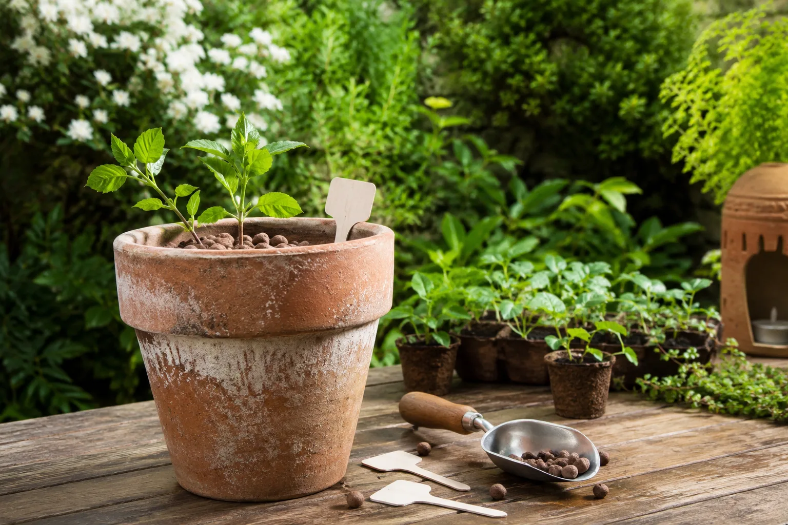 Vieux pot de fleurs en terre cuite réutilisé avec billes de drainage et jeunes pousses