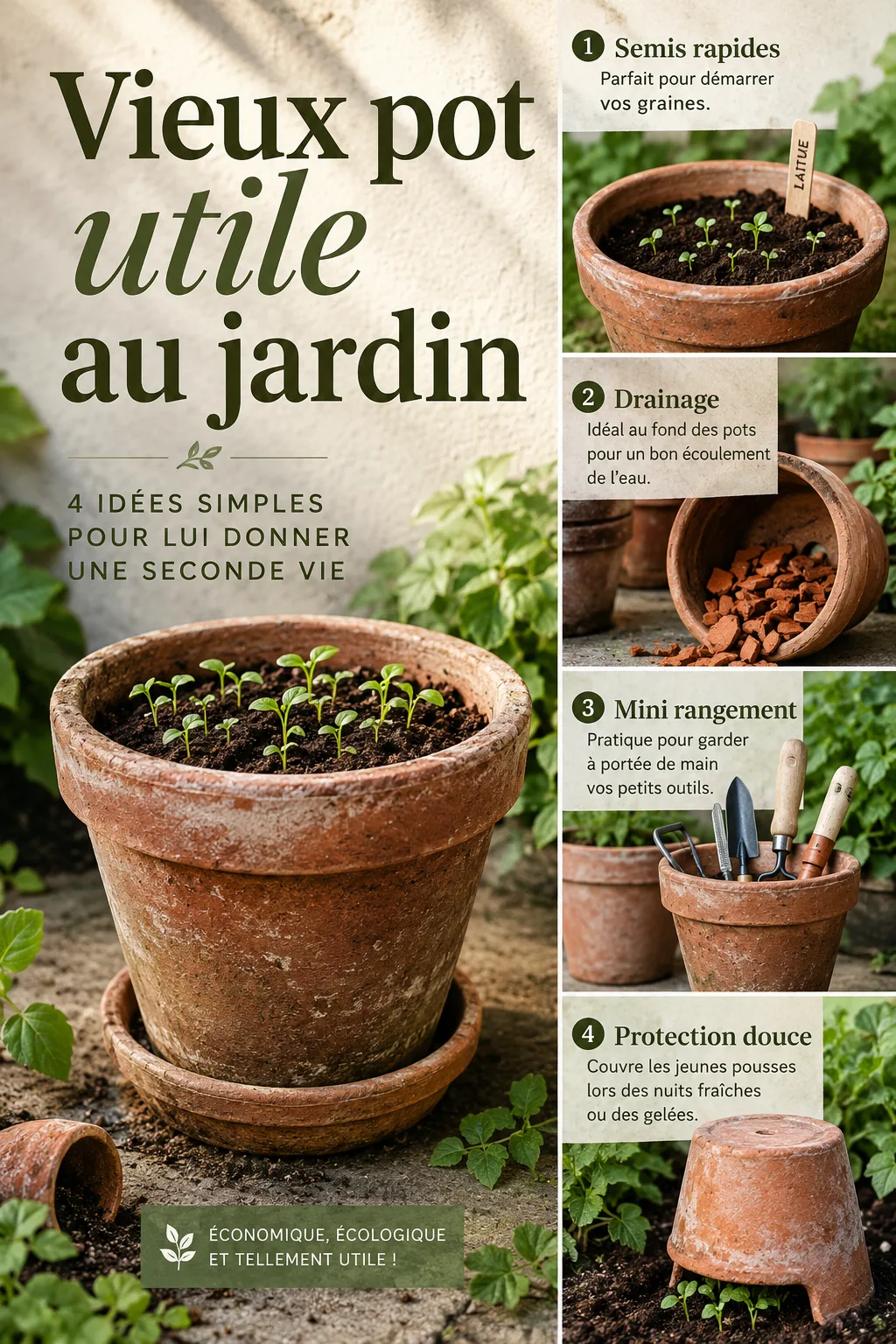 Infographie d'idées pour réutiliser un vieux pot au jardin