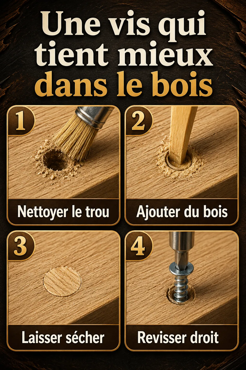 Infographie étapes pour réparer un trou de vis trop large dans le bois
