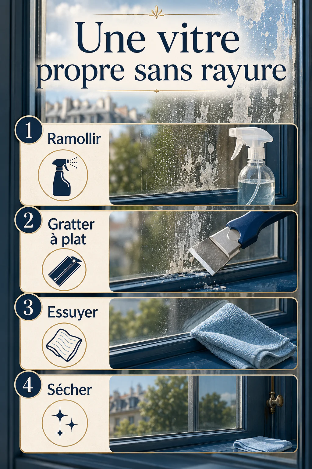 Infographie des étapes pour enlever de la peinture sur une vitre sans la rayer