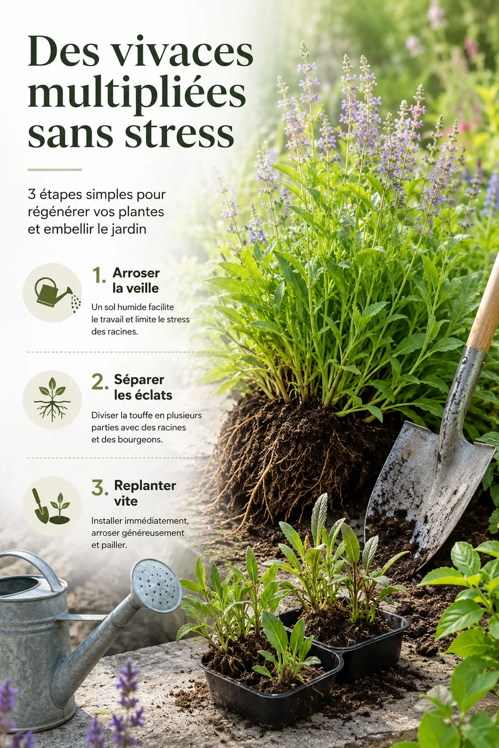 Infographie montrant trois étapes pour diviser des vivaces sans stress