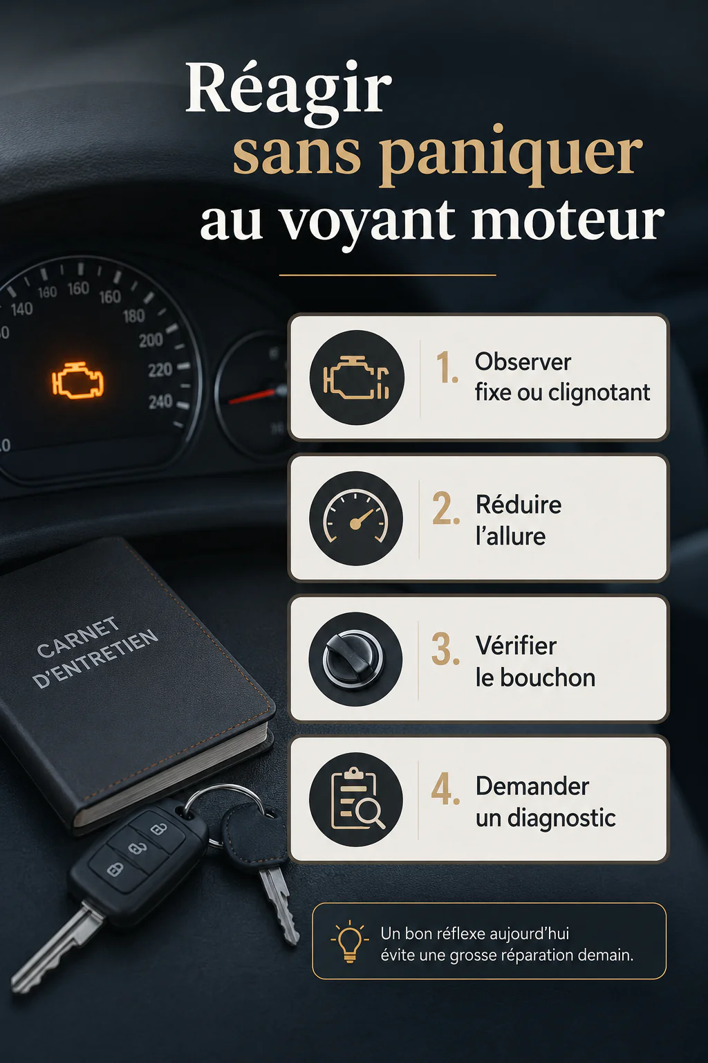 Infographie des étapes prudentes face à un voyant moteur allumé