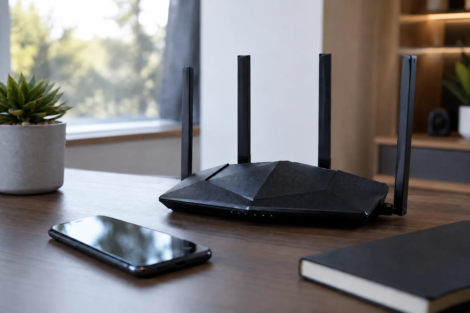 Routeur Wi-Fi posé sur un bureau de maison