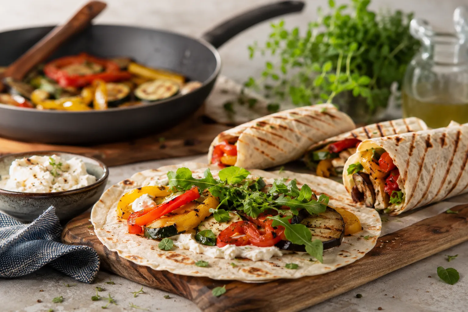 Wraps garnis de légumes grillés avec fromage frais et herbes