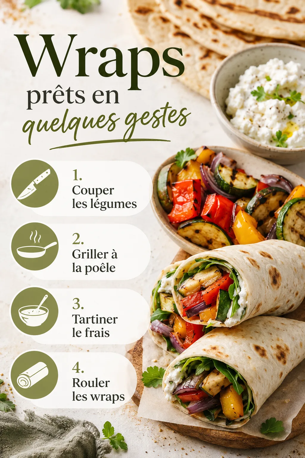 Infographie avec étapes courtes pour préparer des wraps aux légumes