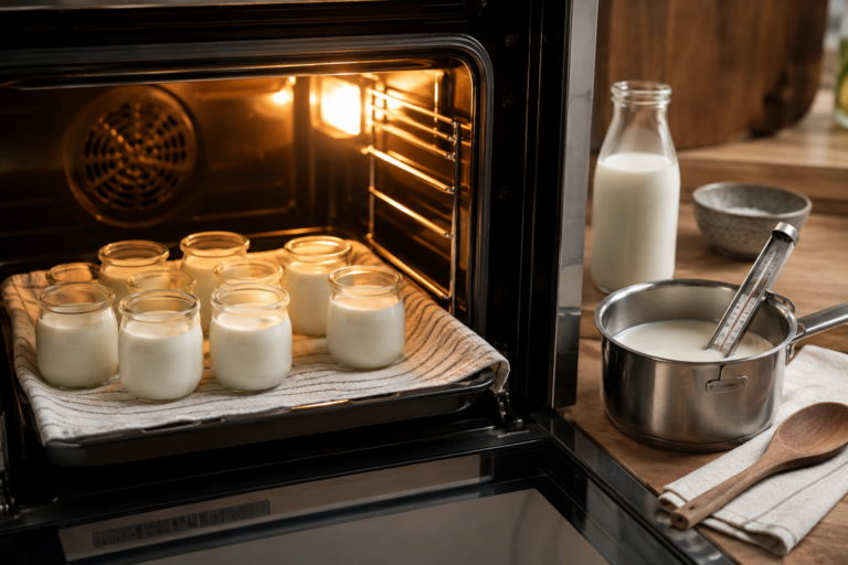 Pots de yaourt maison préparés au four éteint avec lait et thermomètre