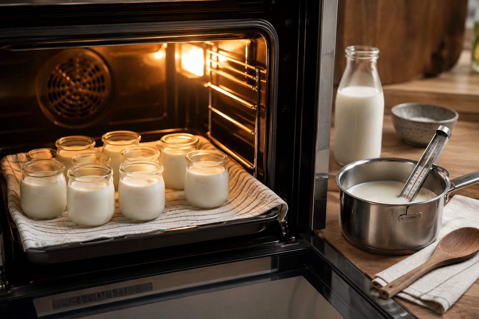 Pots de yaourt maison préparés au four éteint avec lait et thermomètre
