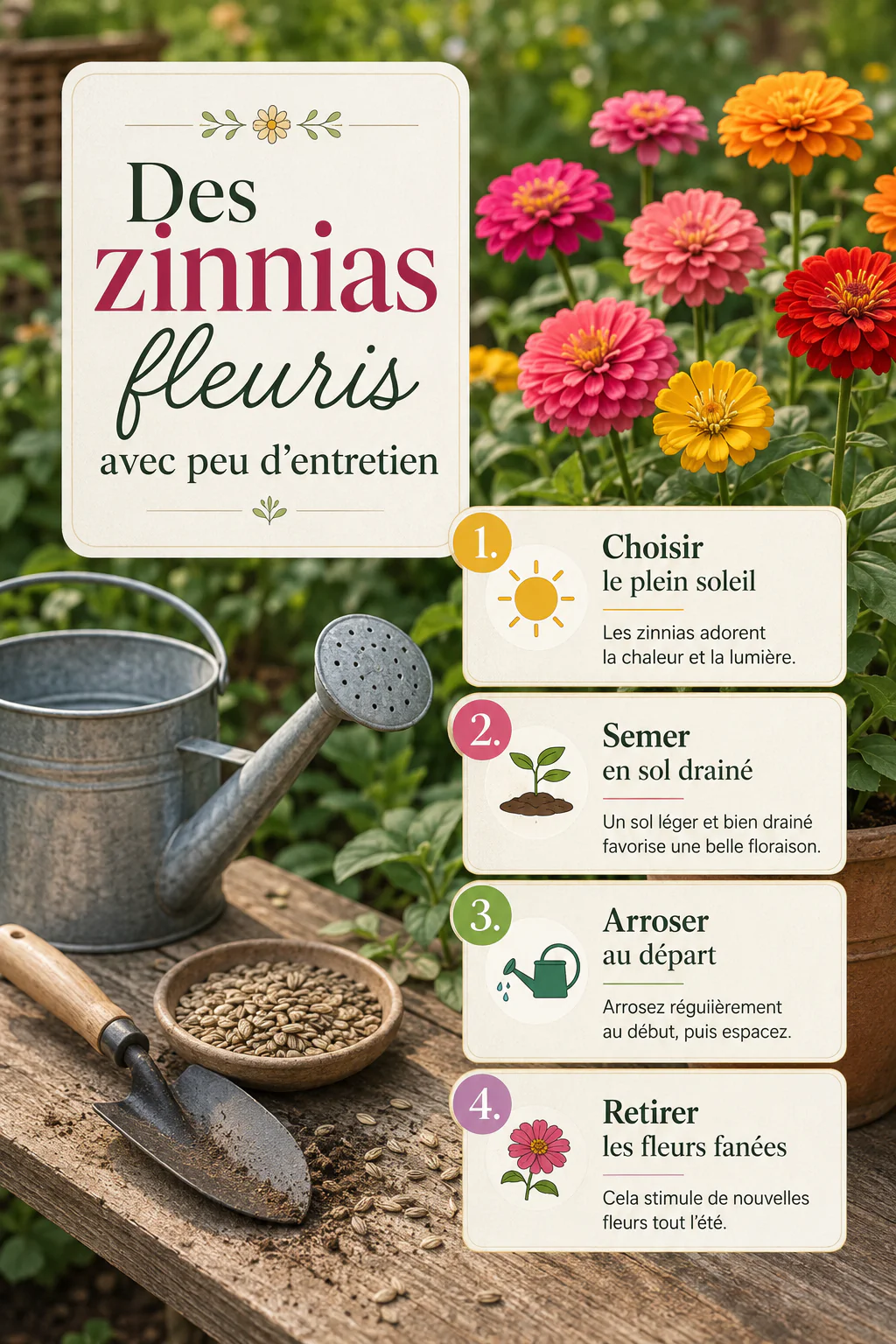 Infographie avec les étapes pour cultiver des zinnias en plein soleil et sol drainé