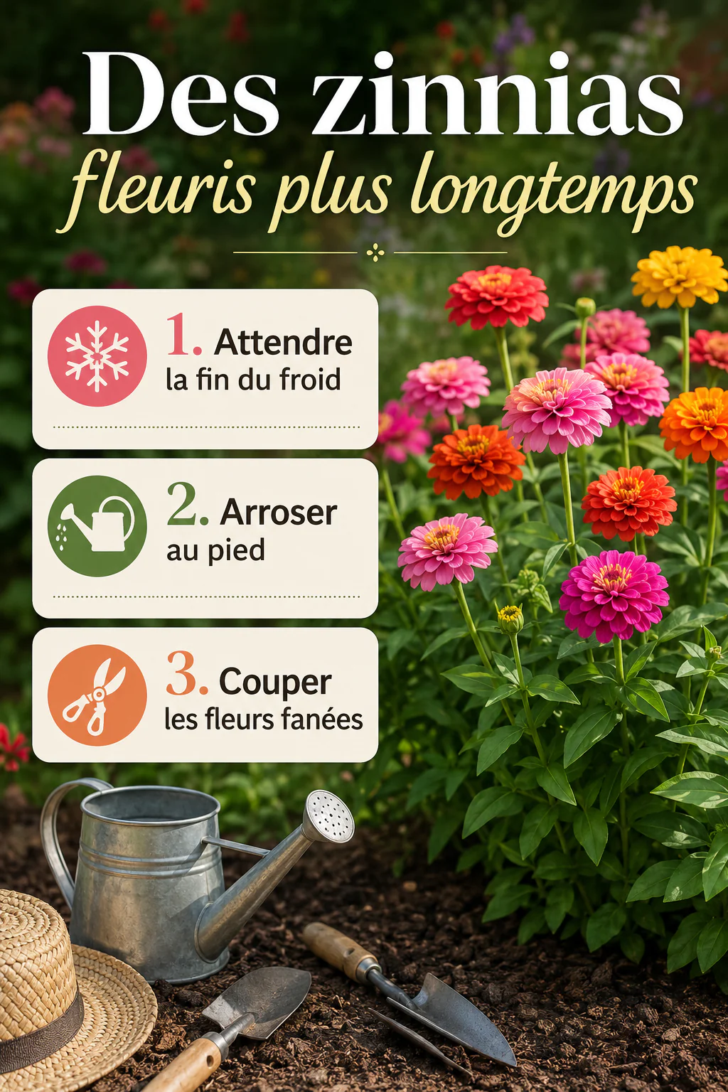 Infographie étapes pour garder des zinnias fleuris plus longtemps