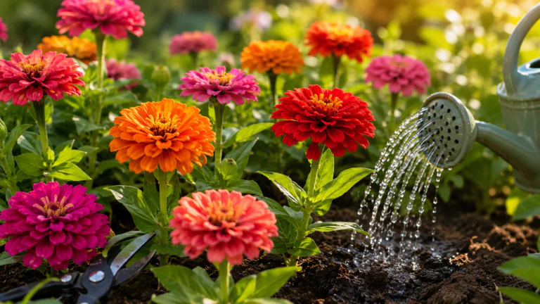 Zinnias rouges, roses et orange en fleurs dans un jardin ensoleillé, arrosés au pied avec un arrosoir