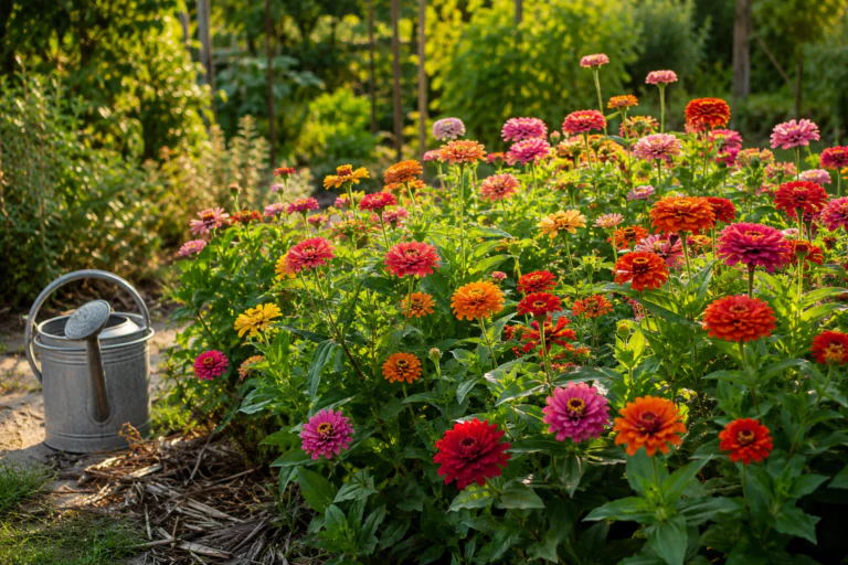 Massif de zinnias colorés dans un jardin ensoleillé avec sol légèrement paillé