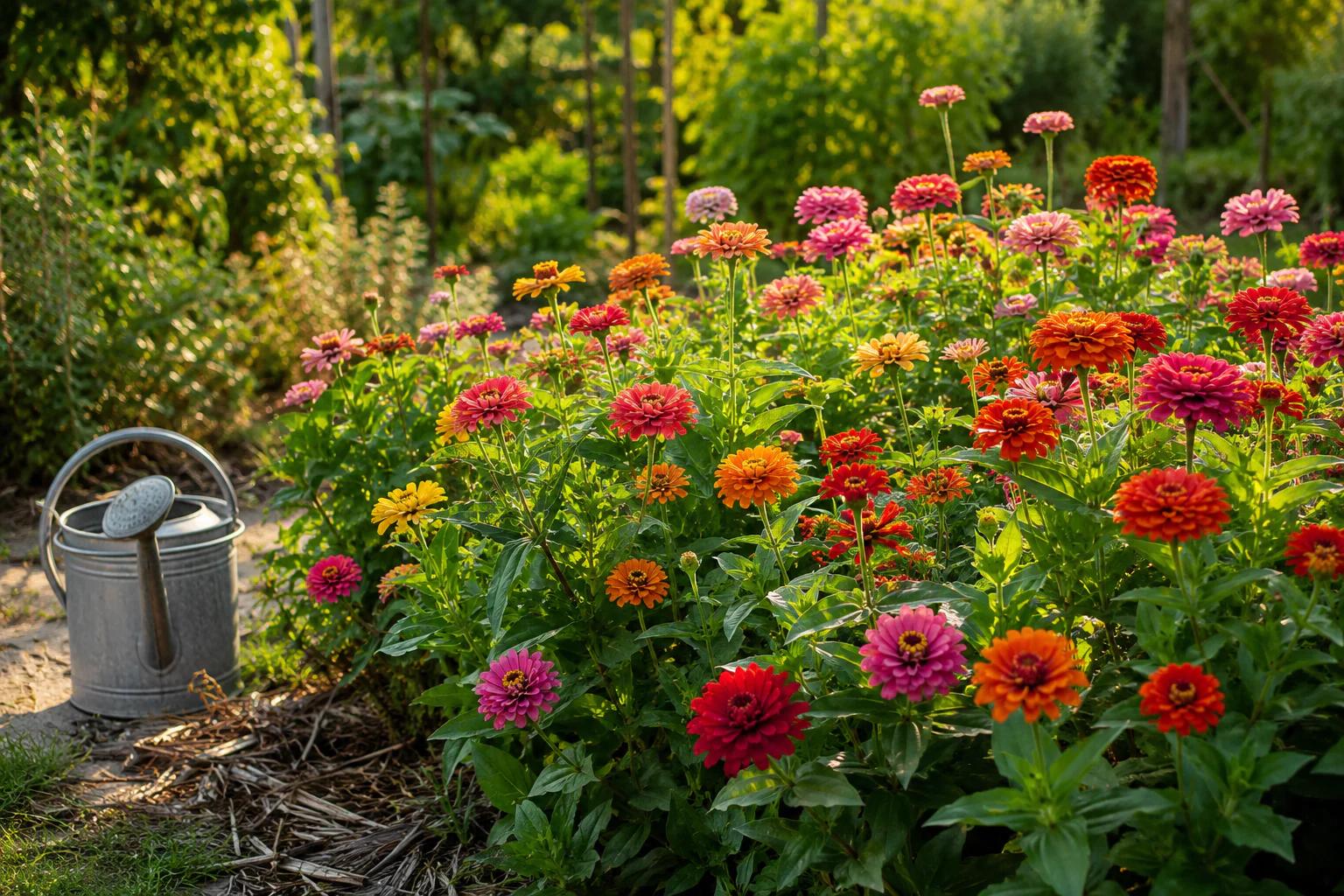 Massif de zinnias colorés dans un jardin ensoleillé avec sol légèrement paillé