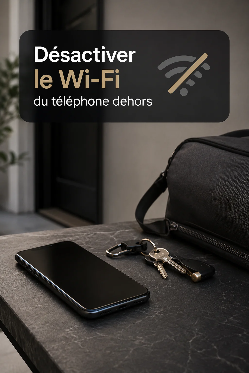 Smartphone posé près d’une entrée avec le conseil de désactiver le Wi-Fi dehors