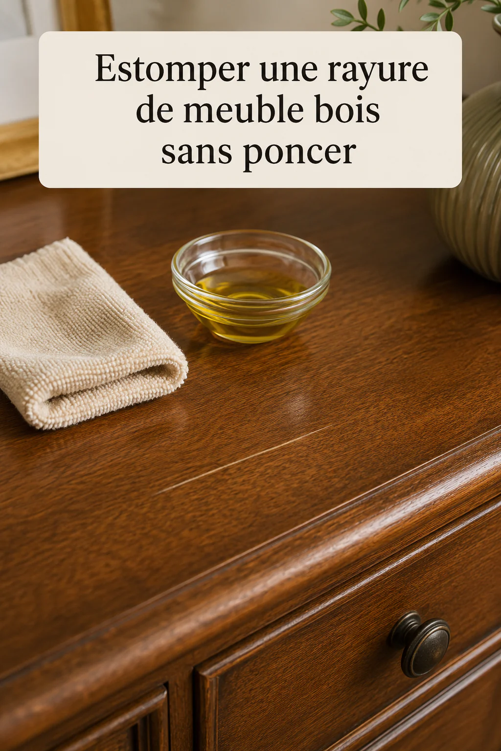 Visuel Pinterest pour estomper une rayure de meuble en bois sans poncer