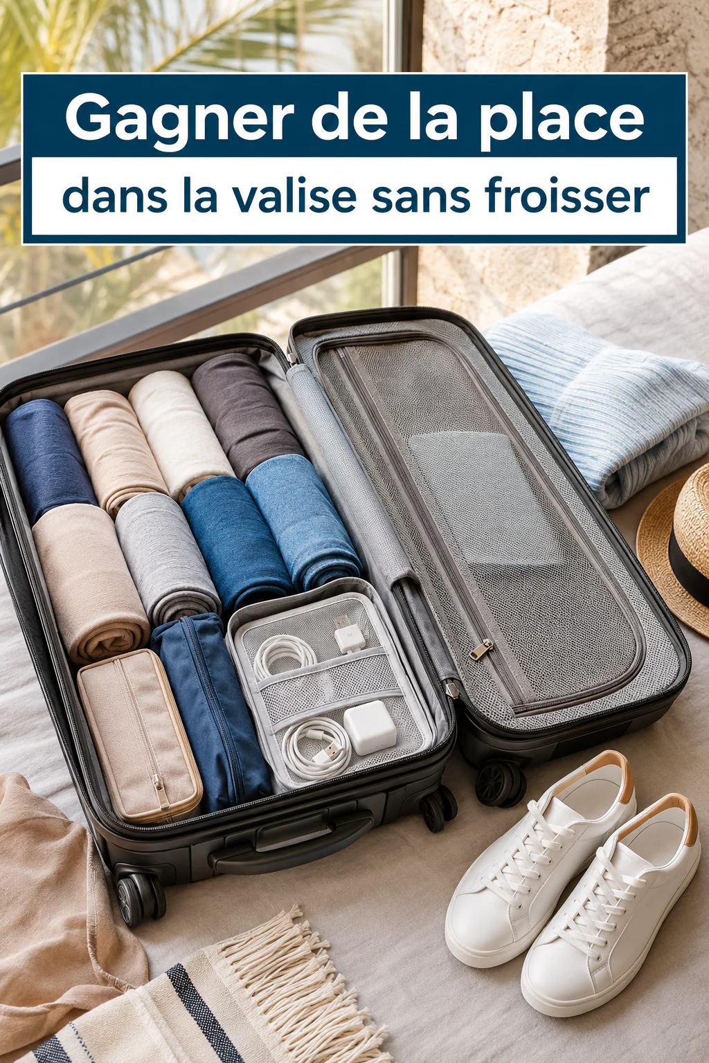 Valise organisée avec des vêtements roulés pour gagner de la place sans les froisser