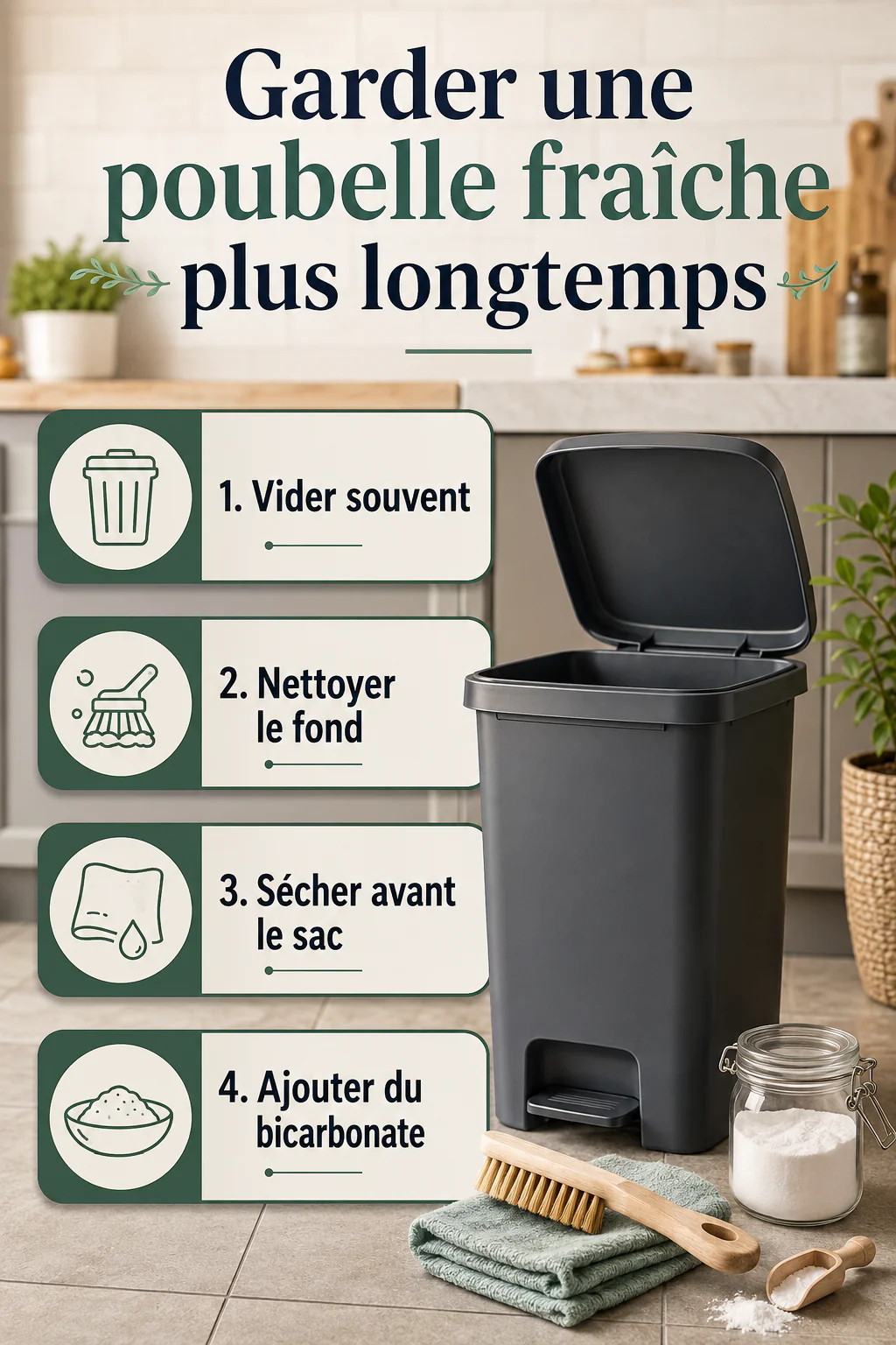 Garder une poubelle fraîche plus longtemps : vider, nettoyer, sécher et ajouter du bicarbonate