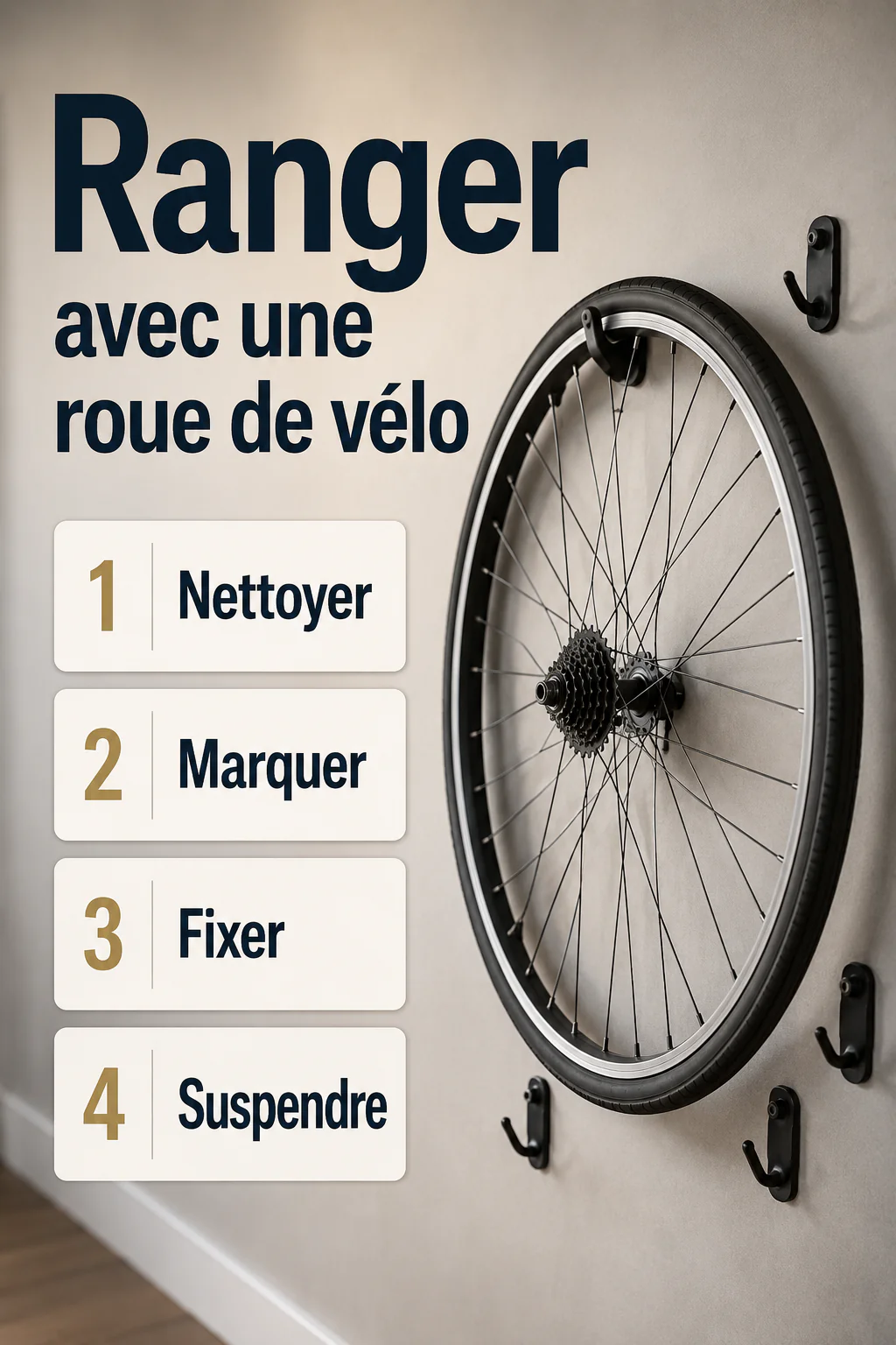Étapes pour transformer une roue de vélo en rangement mural