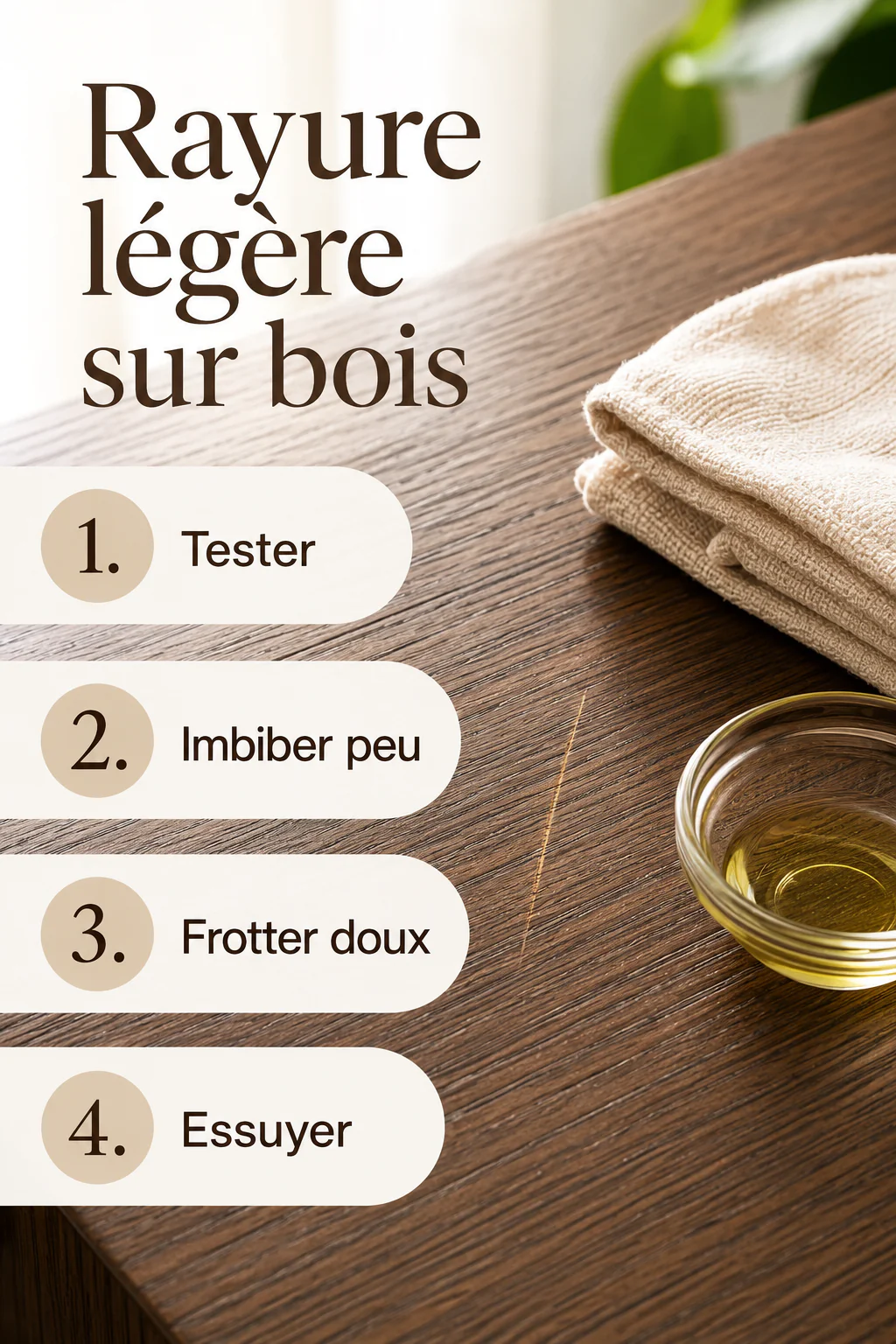 Infographie des étapes pour estomper une rayure légère sur du bois