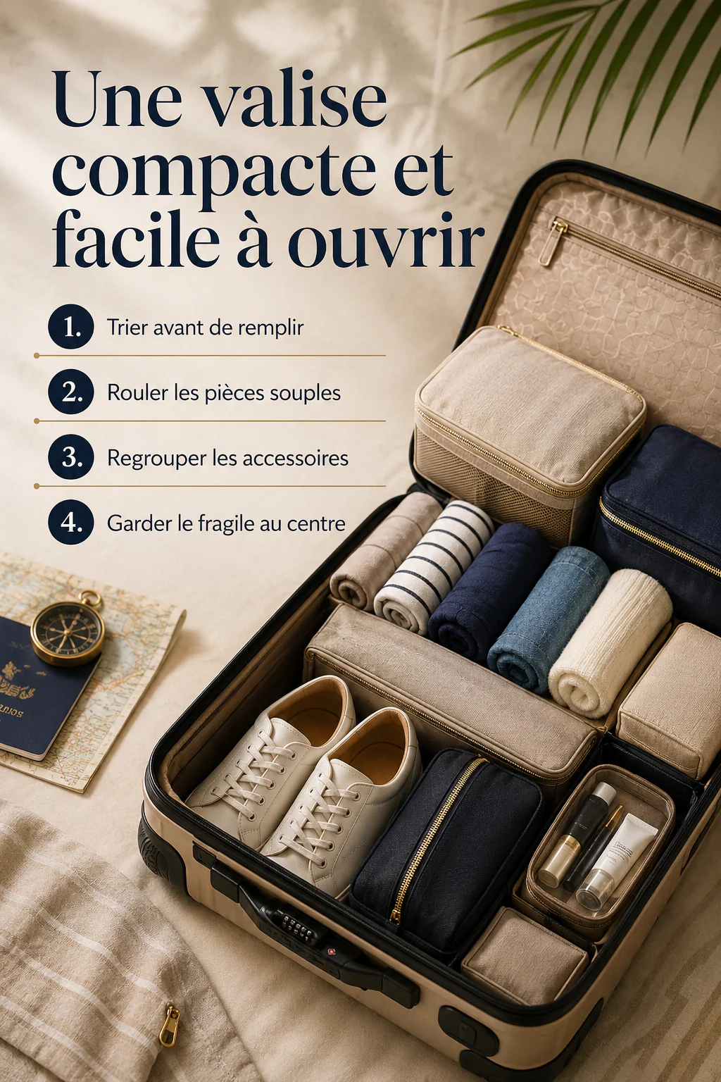 Infographie présentant les étapes pour organiser une valise compacte et facile à ouvrir